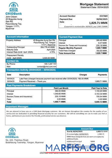 Blank Myanmar CHID Bank mortgage statement Word and PDF template